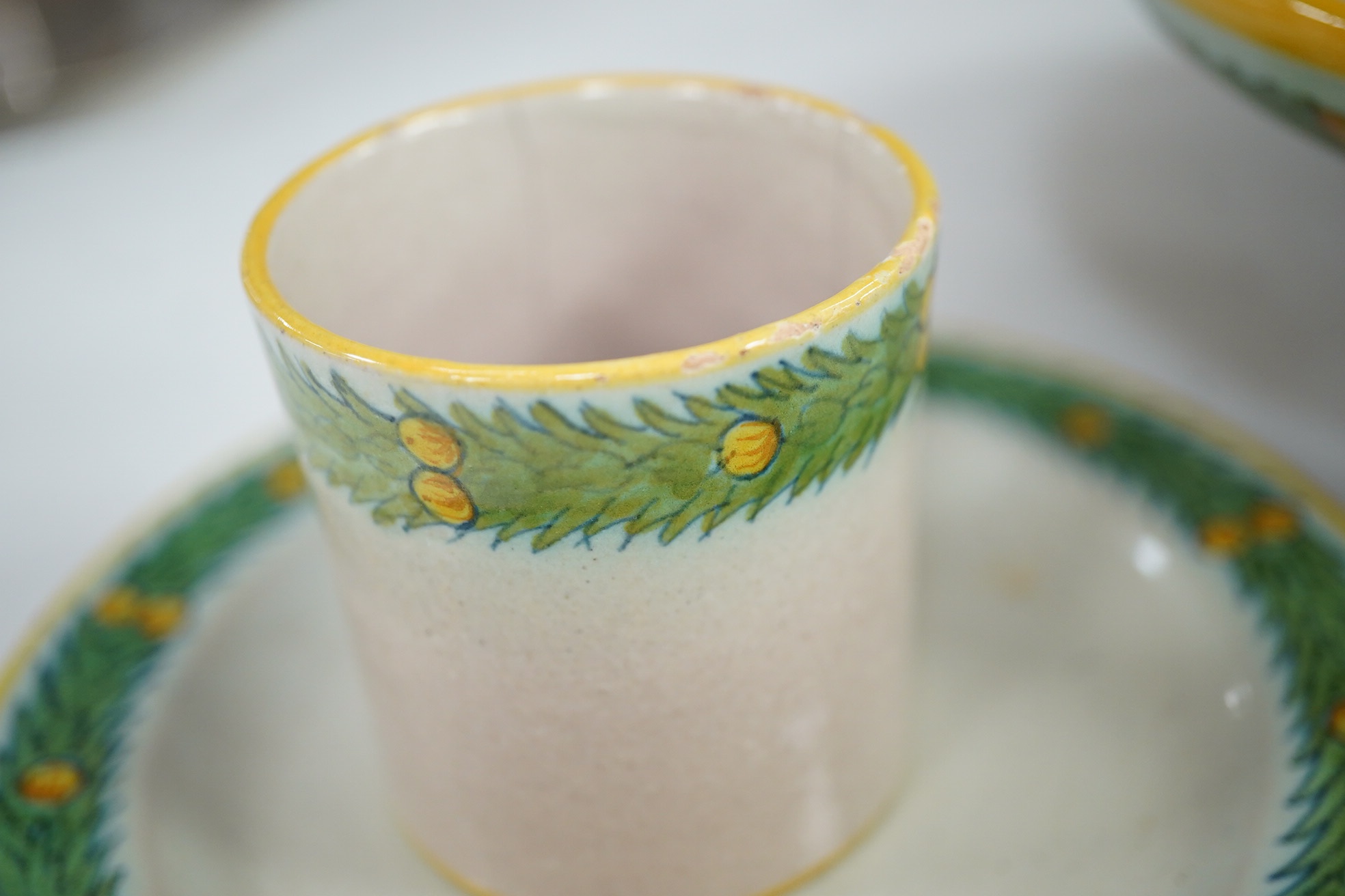 A Cantagalli part breakfast set, comport 20cm diameter. Condition - two cups chipped and cracked. Some small manufacturing faults in the glaze on some plates and minor chip to base comport.